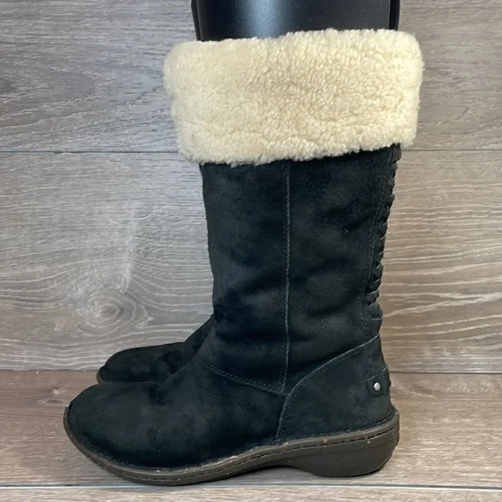 Ugg Karyn Black Suede Warm Shearling Cuff Women’s Sz 5 Zip Pull On Winter Boots